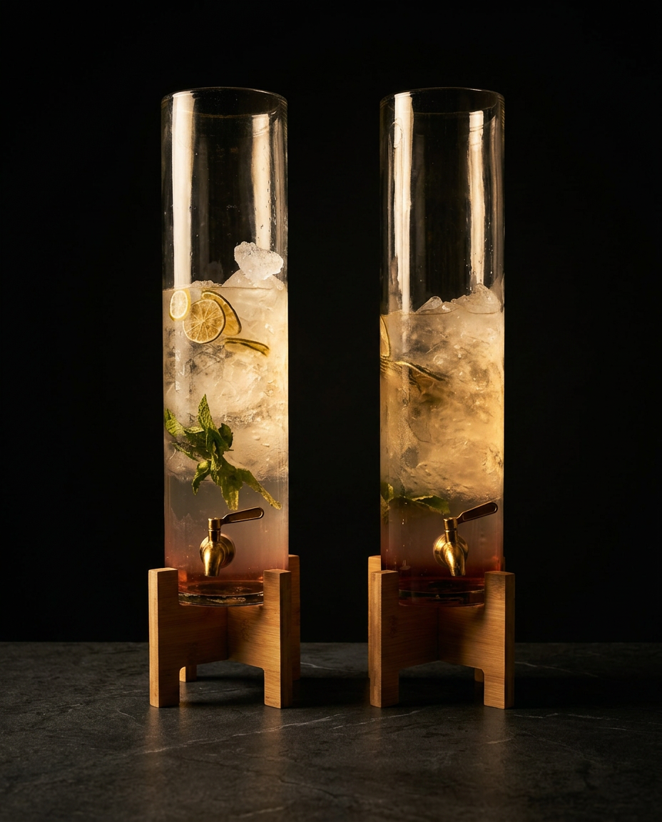 Two hand-blown Eayor dispensers side by side on a dark stone surface